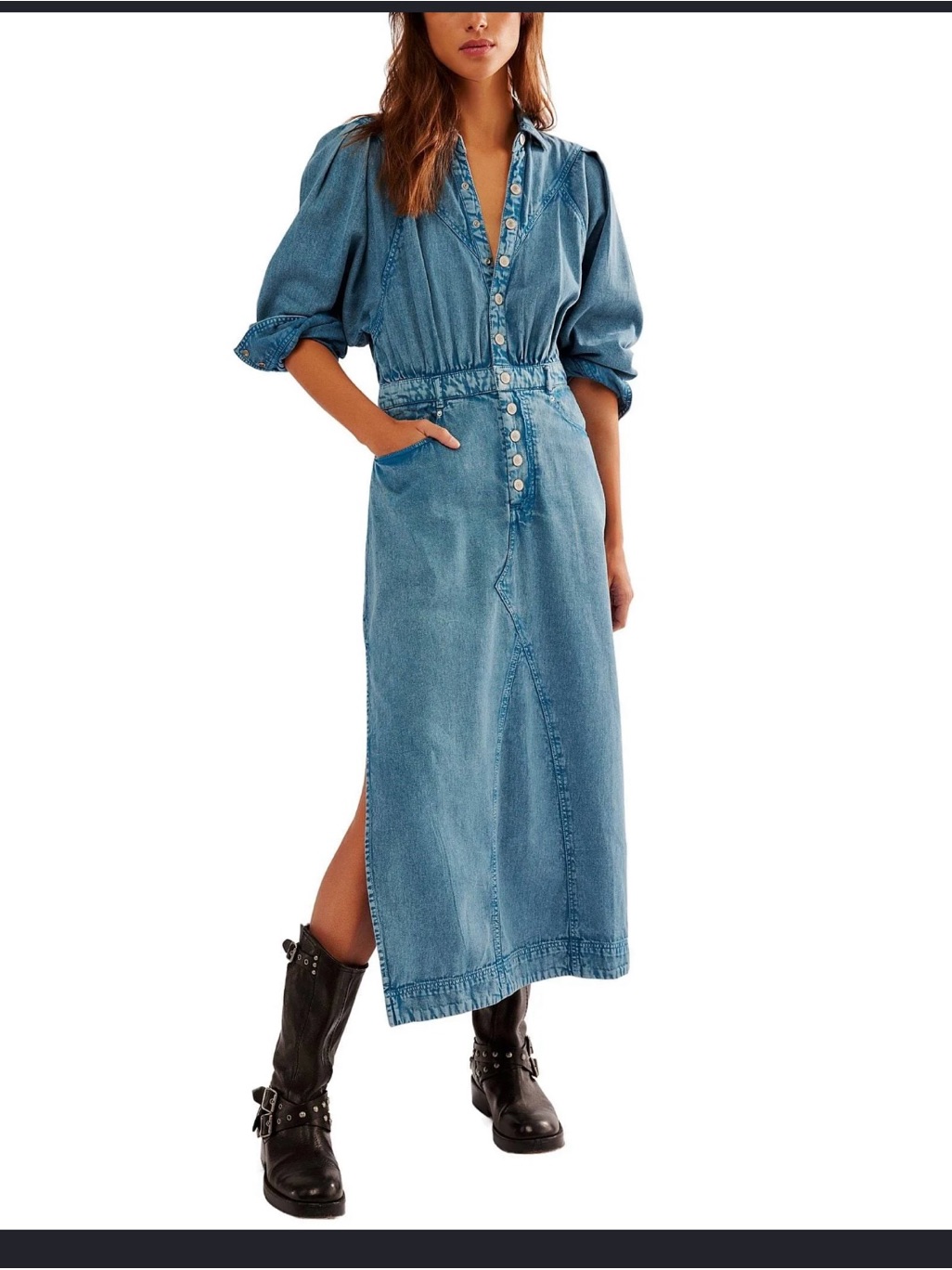 Free People Light Blue Denim Button-Front Maxi Dress